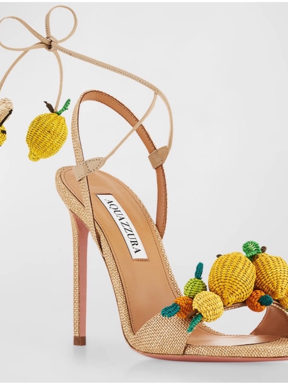 Aquazzura Tan Woven Lemon-Embellished Ankle-Tie Heels - Picture 5 of 5